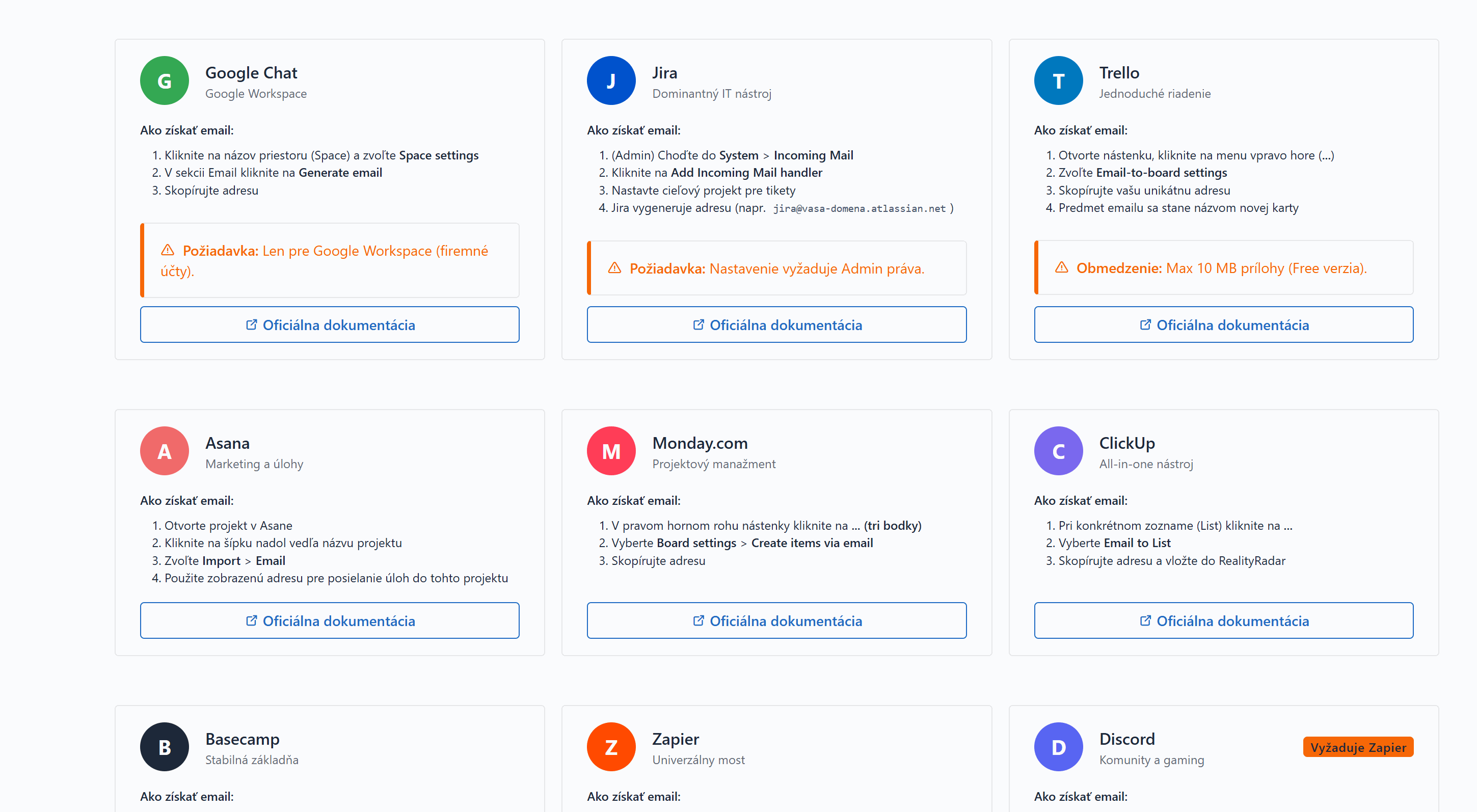 Integrácie pre projektový manažment - Google Chat, Jira, Trello, Asana, Monday.com, ClickUp