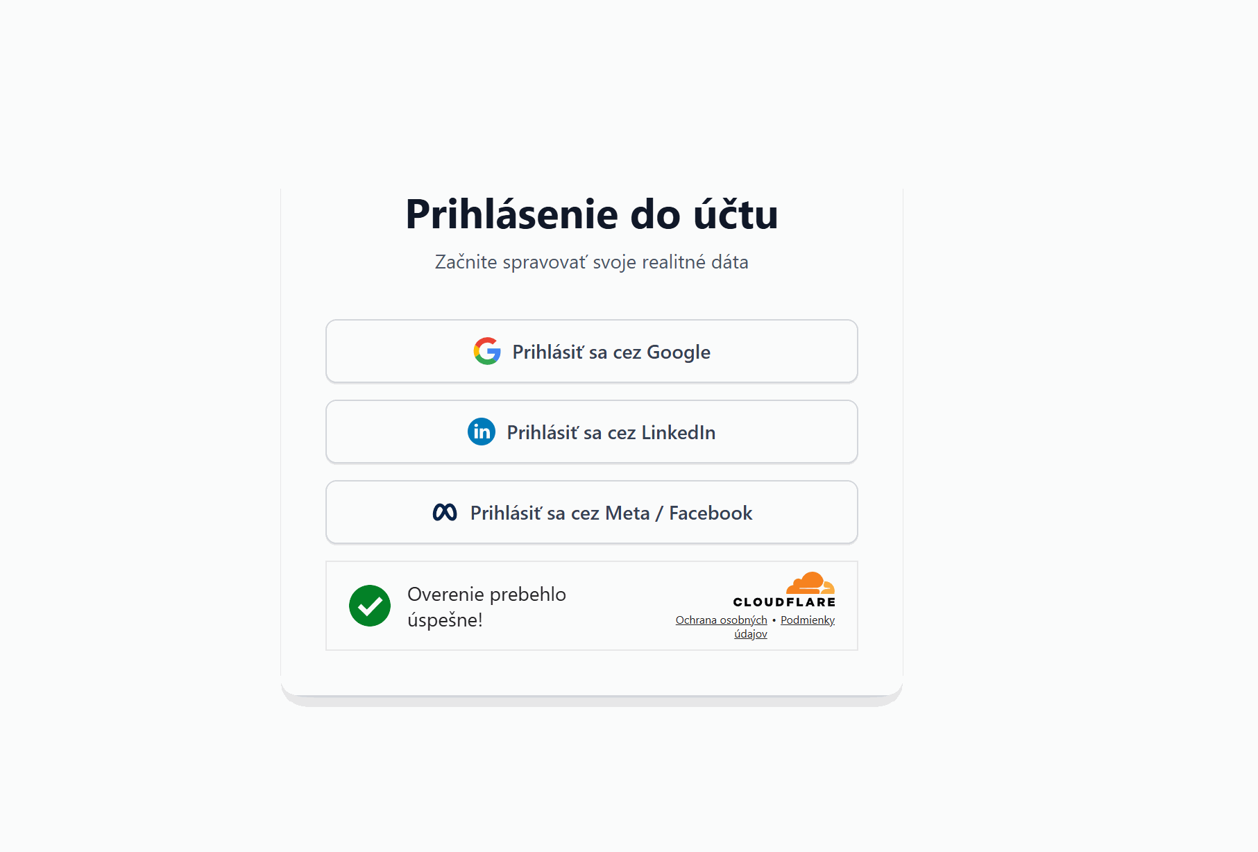 Prihlásenie do Reality Radar cez Google, LinkedIn alebo Facebook s Cloudflare overením