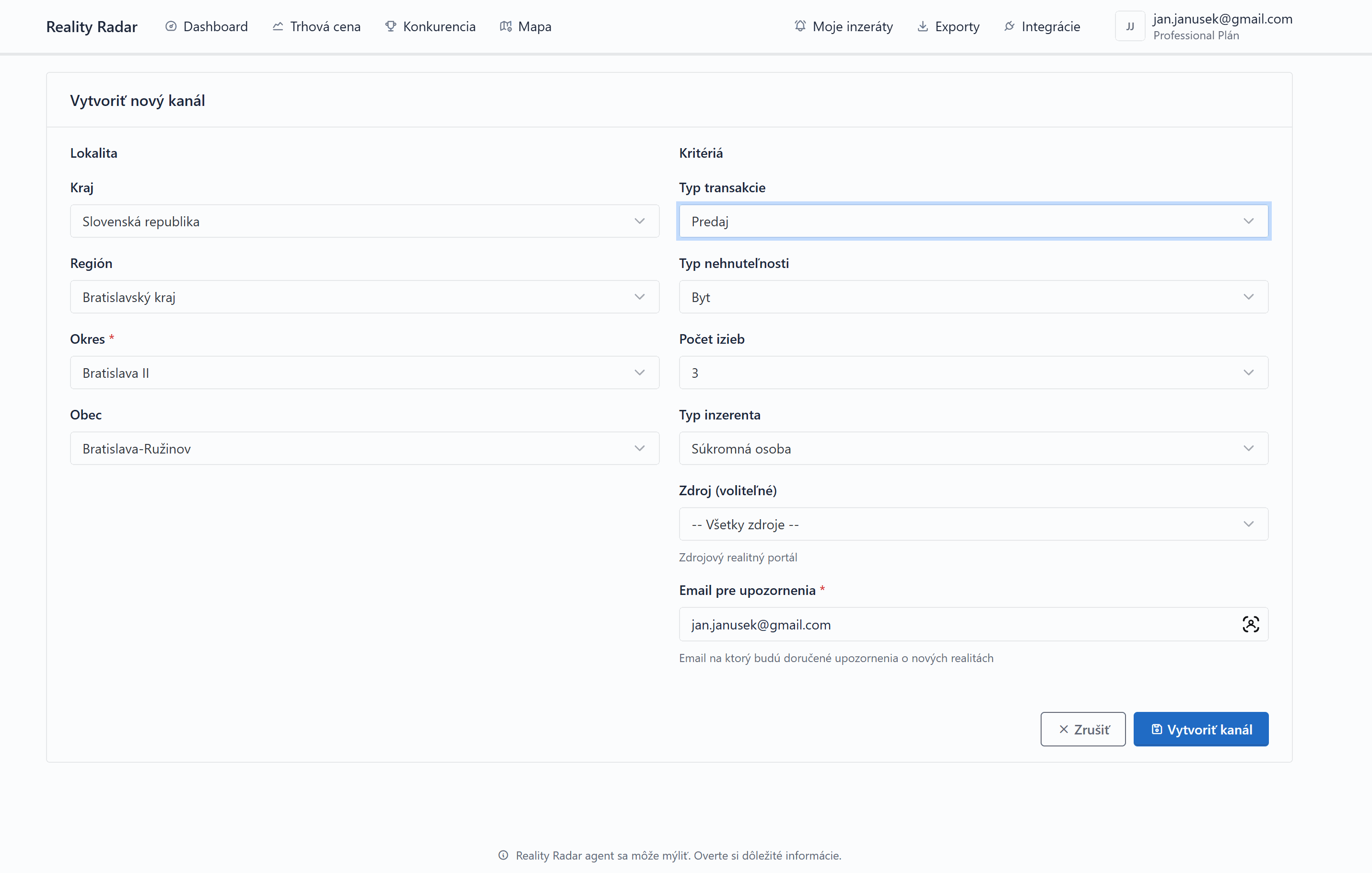 Formulár na vytvorenie nového notifikačného kanála s filtrami lokality a typu nehnuteľnosti