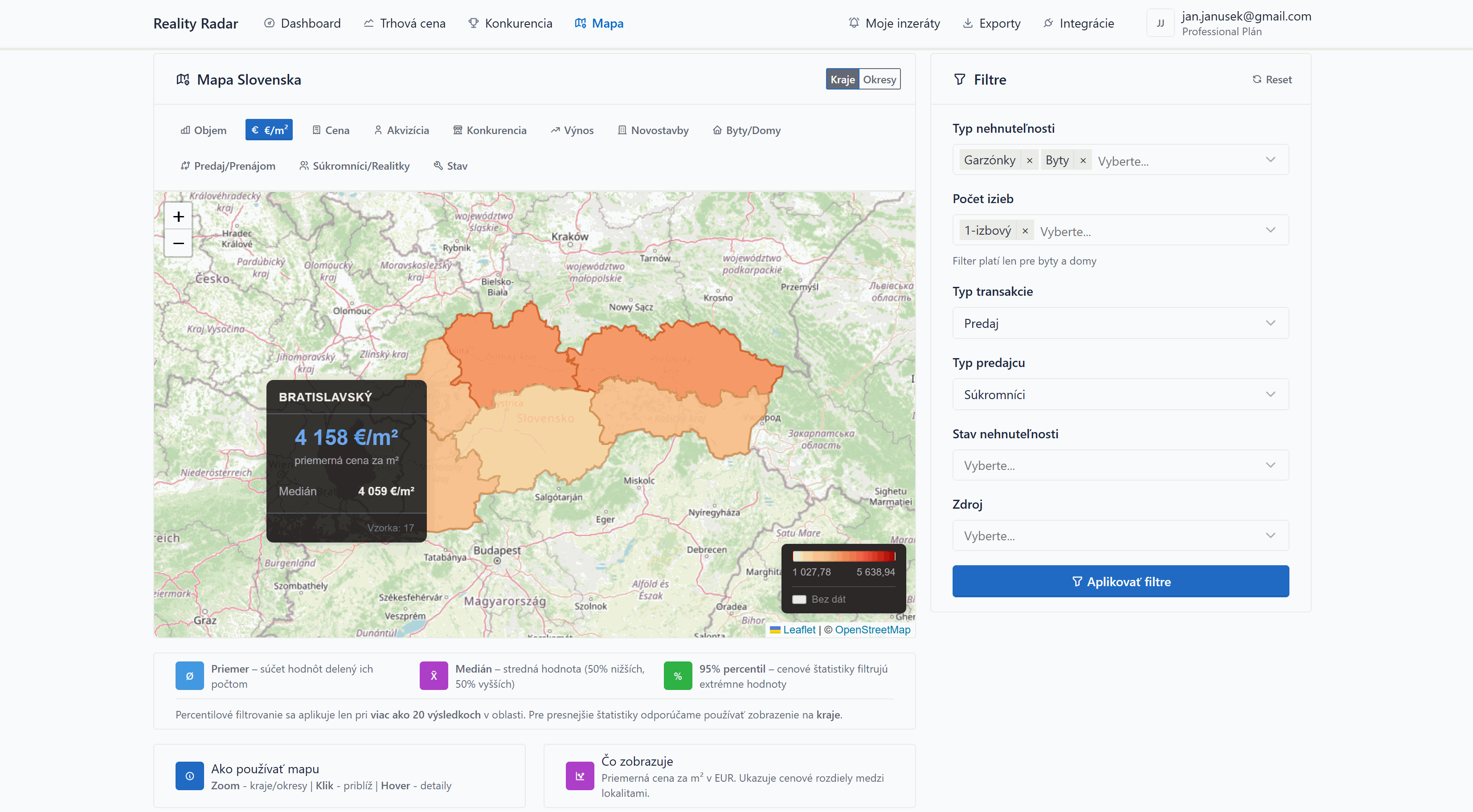 Mapová analytika s filtrovacím panelom zobrazujúca cenu 4 158 €/m² v Bratislavskom kraji