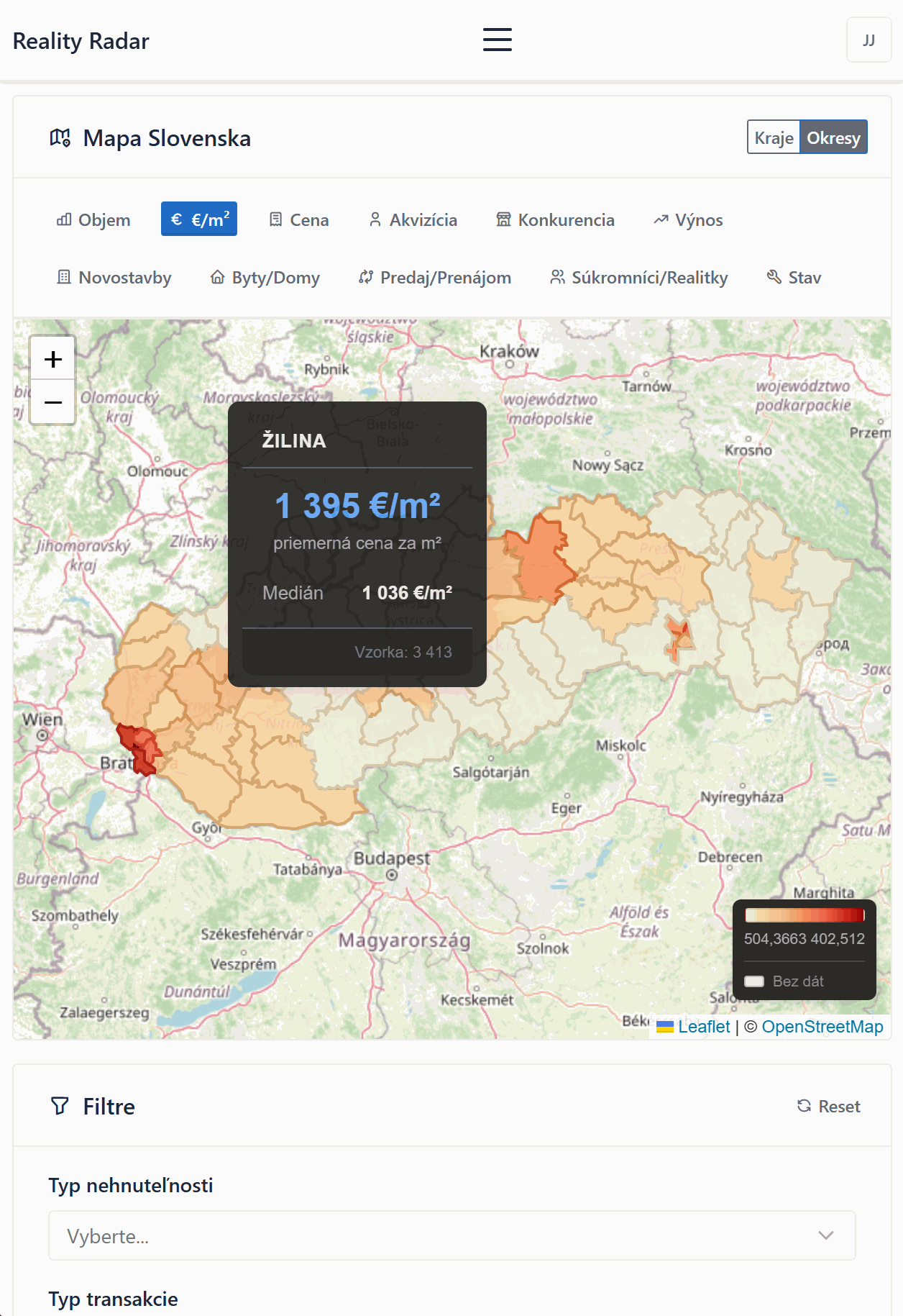 Interaktívna mapa Slovenska zobrazujúca priemernú cenu 1 395 €/m² v Žilinskom kraji