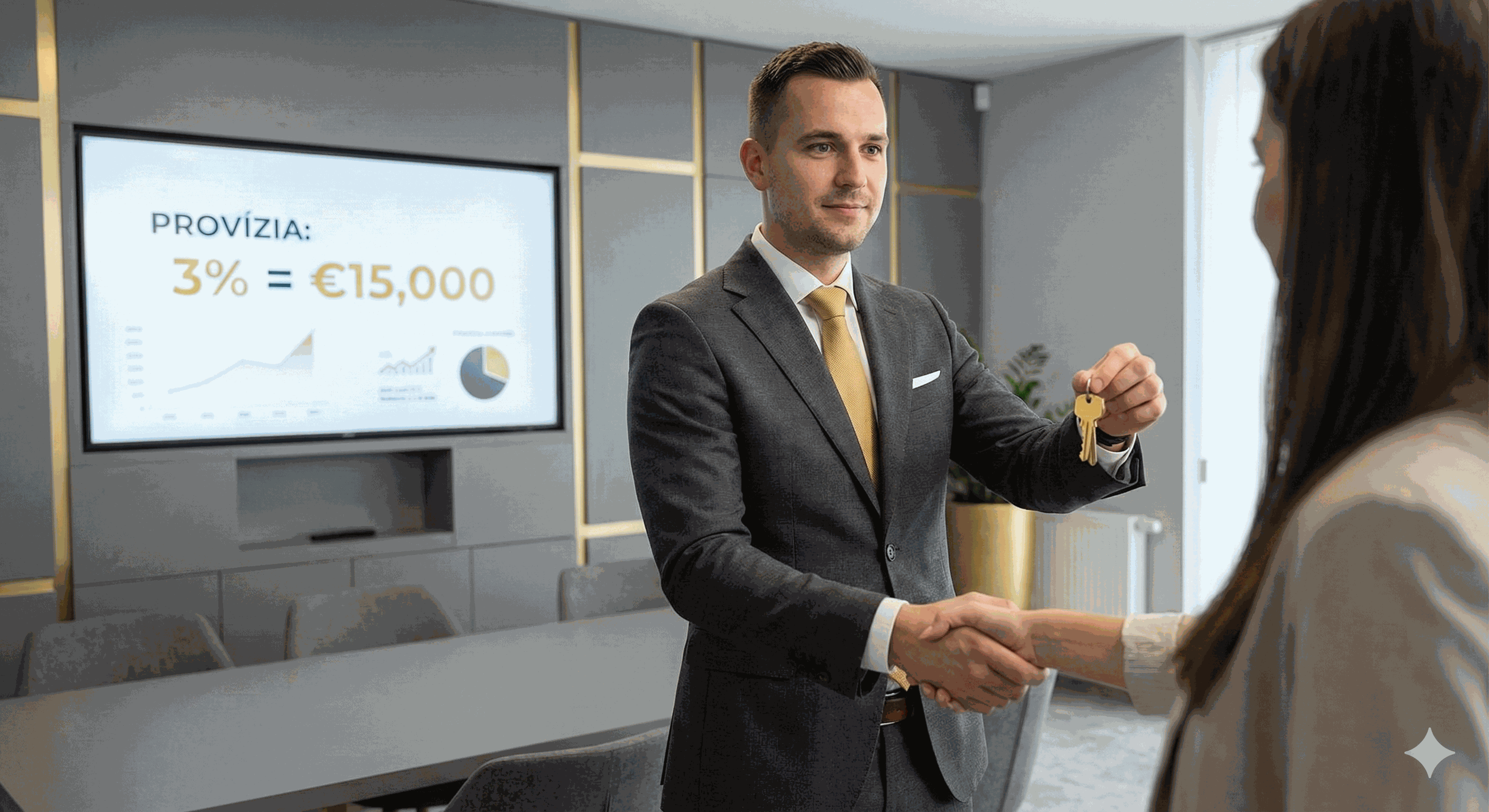 Realitný maklér s kľúčmi a výpočtom provízie z predaja nehnuteľnosti