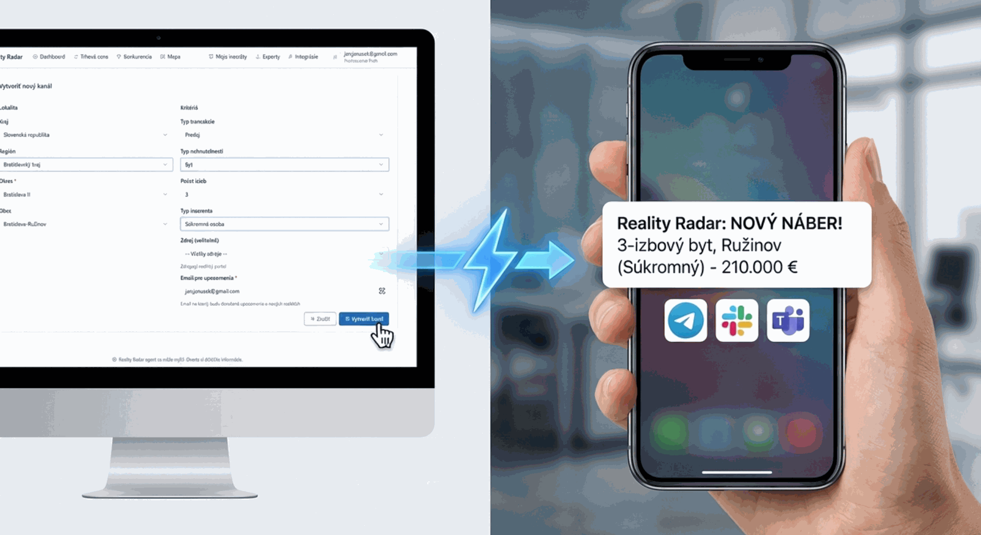 Ukážka nastavenia filtrov v Reality Radar a push notifikácie o novom inzeráte na mobile